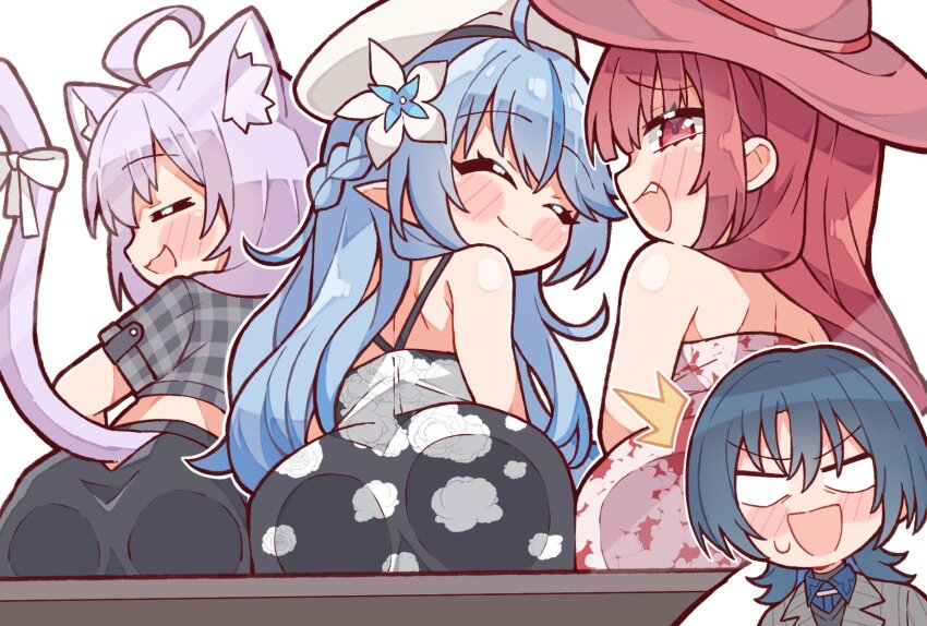 4girls against_fourth_wall against_glass alternate_costume animal_ears ass ass_press black_dress blue_hair blush_stickers cat_ears cat_girl cat_tail commentary dress english_commentary fang floral_print floral_print_dress flower hair_flower hair_ornament half_up_braid highres hiodoshi_ao hololive hololive_dev_is hololive_grand_theft_auto houshou_marine kukie-nyan long_hair multiple_girls nekomata_okayu pink_dress pointy_ears purple_eyes purple_hair red_eyes red_hair short_hair tail virtual_youtuber yukihana_lamy