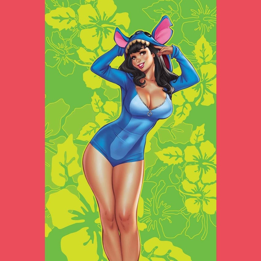 1girl black_hair breasts brown_hair cleavage cosplay covered_navel elias_chatzoudis floral_print green_background hibiscus_print highres large_breasts lilo_&amp;_stitch long_hair pillarboxed print_background red_lips solo stitch_(lilo_&amp;_stitch) stitch_(lilo_&amp;_stitch)_(cosplay)