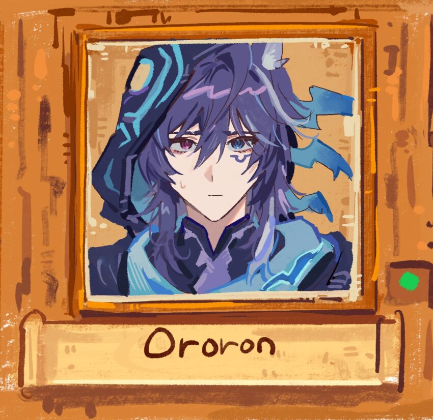 1boy animal_ear_fluff animal_ears bat_ears black_hood blue_eyes blue_scarf character_name closed_mouth dada_dain genshin_impact heterochromia looking_at_viewer mandarin_collar multicolored_hair ororon_(genshin_impact) parody portrait portrait_(object) purple_hair red_eyes scarf solo stardew_valley straight-on streaked_hair sweatdrop