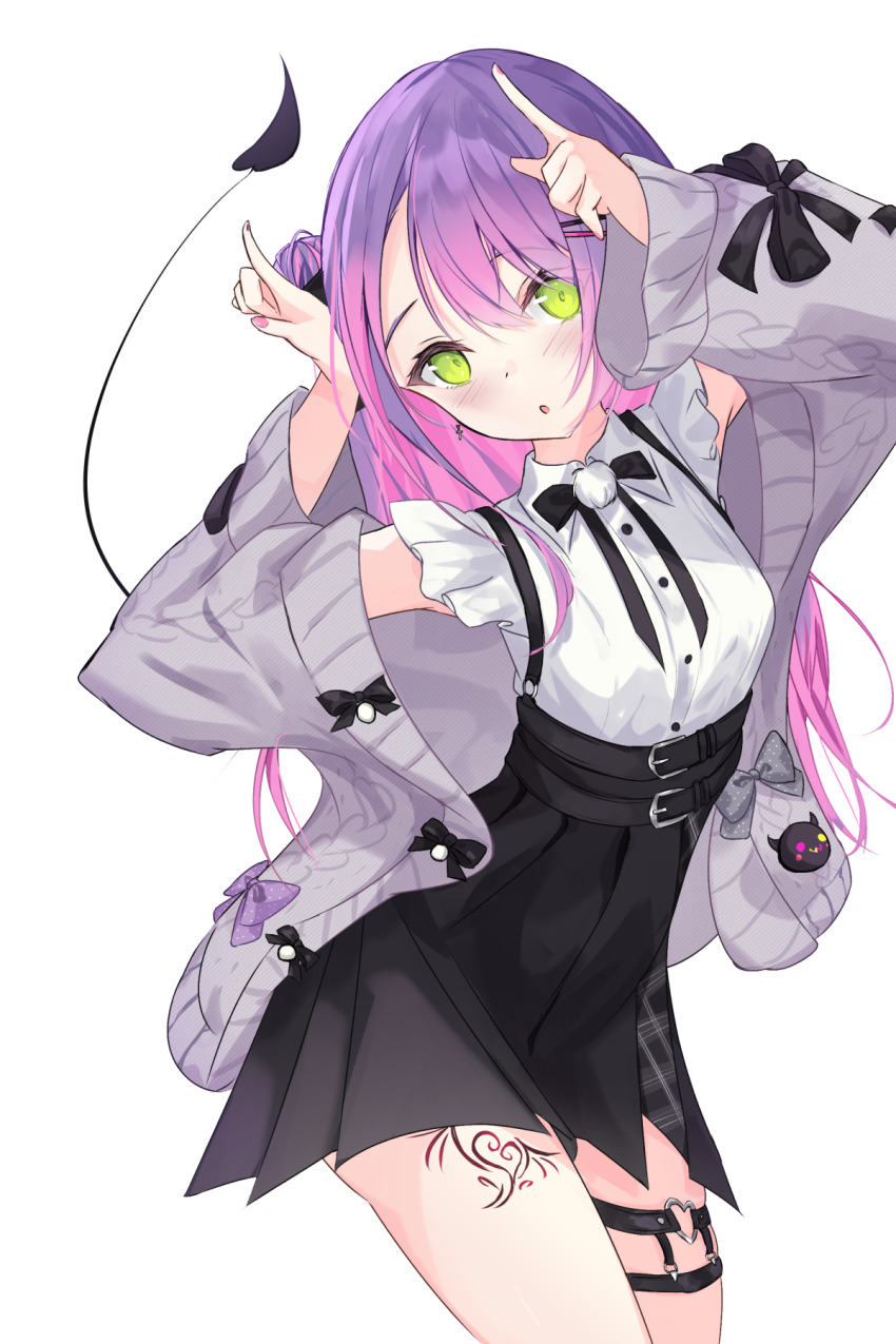 1girl :o aran_sweater bad_id bad_pixiv_id black_bow black_bowtie black_skirt blush bow bowtie cable_knit cardigan collared_shirt colored_inner_hair commentary cowboy_shot demon_girl fingernails frilled_shirt frilled_sleeves frills gradient_hair green_eyes grey_cardigan hair_bun hair_ornament hairclip heart_o-ring high-waist_skirt highres hololive horns_pose leg_tattoo long_hair looking_at_viewer miniskirt multicolored_hair nerusu o-ring o-ring_thigh_strap open_cardigan open_clothes parted_lips pink_hair pleated_skirt pointy_ears pom_pom_(clothes) purple_hair shirt short_sleeves side_bun single_side_bun skirt solo suspender_skirt suspenders sweater swept_bangs symbol-only_commentary tattoo thigh_strap tokoyami_towa virtual_youtuber white_shirt