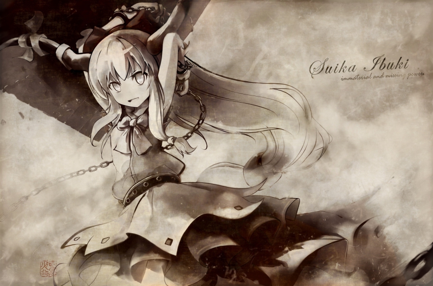 1girl arctic arms_up bad_id bad_pixiv_id belt bow chain character_name copyright_name cuffs english_text female_focus hair_bow highres horn_ornament horn_ribbon horns ibuki_suika immaterial_and_missing_power inubiko long_hair low-tied_long_hair monochrome open_mouth ribbon shackles shirt skirt sleeveless sleeveless_shirt smile solo touhou very_long_hair wall