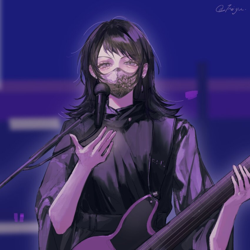 1girl artist_name bang_dream! bang_dream!_it&#039;s_mygo!!!!! black_dress black_hair black_mask blue_background commentary dress earrings electric_guitar feiyu30903448 grey_eyes guitar hand_up highres holding holding_guitar holding_instrument instrument jewelry long_hair looking_at_viewer mask microphone mouth_mask solo symbol-only_commentary timoris_(bang_dream!) yahata_umiri