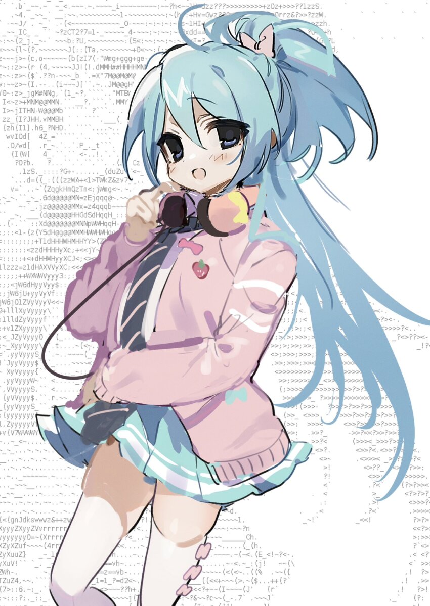 1girl aqua_hair aqua_skirt ascii_art black_necktie blue_eyes blush bow bow_legwear cardigan double-parted_bangs feet_out_of_frame hair_between_eyes hair_bow hatsune_miku hatsune_miku_(ribbon_girl) headphones headphones_around_neck highres kmnk_(kumanuko) long_hair miniskirt necktie one_side_up open_cardigan open_clothes pink_bow pink_cardigan pink_headphones pleated_skirt project_diva_(series) shirt sidelocks skindentation skirt solo standing thighhighs very_long_hair vocaloid white_background white_shirt white_thighhighs wind wind_lift zettai_ryouiki zoom_layer