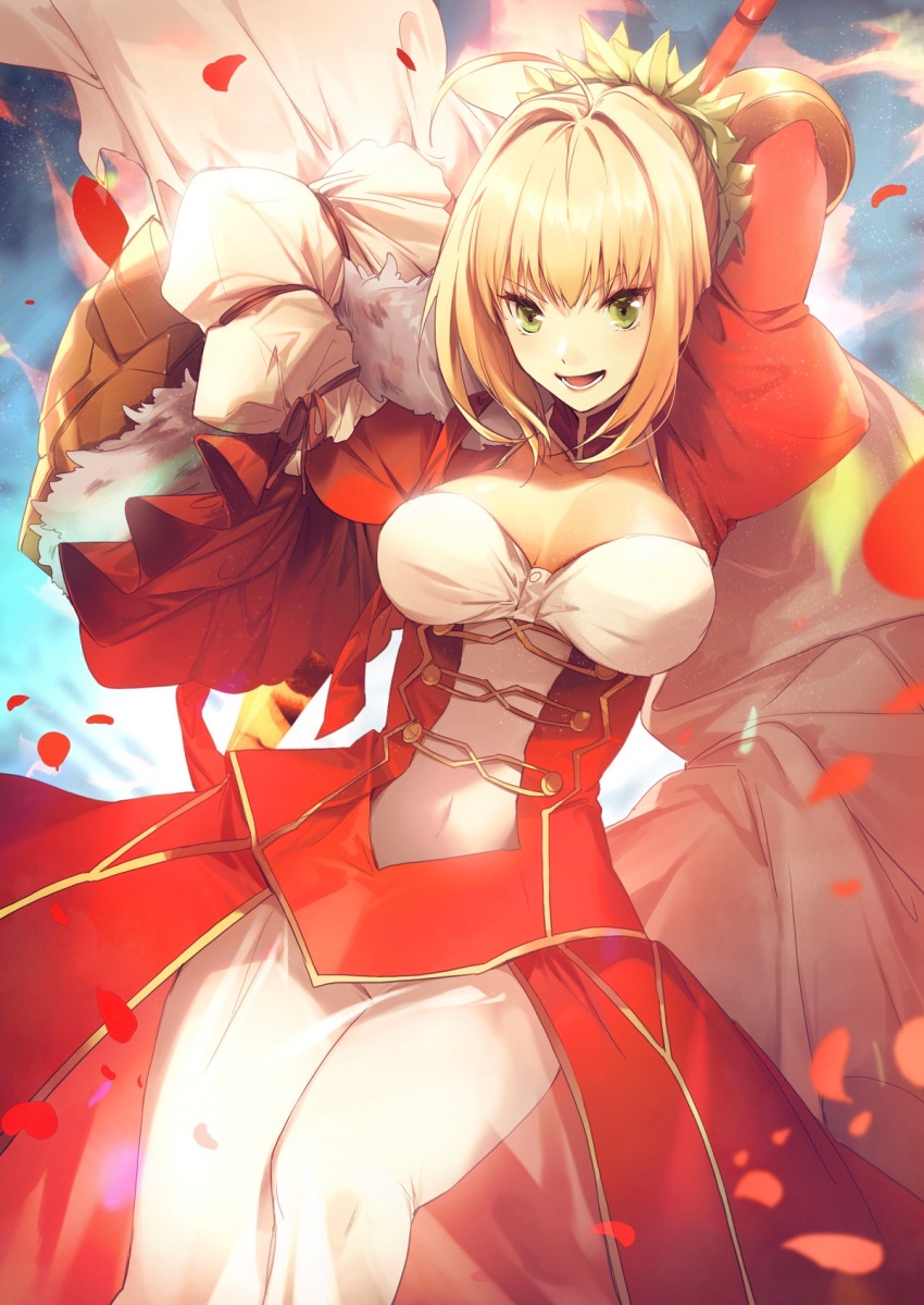 1girl aestus_estus ahoge arm_up armor blonde_hair blue_sky blush braid breasts cleavage cleavage_cutout clothing_cutout dress epaulettes fate/extra fate/grand_order fate_(series) french_braid green_eyes hair_bun hair_intakes hair_ribbon highres juliet_sleeves large_breasts long_hair long_sleeves looking_at_viewer nero_claudius_(fate) nero_claudius_(fate)_(all) nero_claudius_(fate/extra) no-kan open_mouth pauldrons petals puffy_sleeves red_dress red_ribbon ribbon shoulder_armor single_pauldron sky smile solo sword weapon