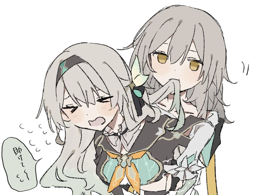 &gt;o&lt; black_bridal_gauntlets black_hairband bridal_gauntlets cropped_jacket eating_hair firefly_(honkai:_star_rail) grey_hair hair_between_eyes hair_intakes hair_ornament hairband highres holywubbabooda honkai:_star_rail honkai_(series) hug neckerchief orange_neckerchief single_bridal_gauntlet speech_bubble stelle_(honkai:_star_rail) trailblazer_(honkai:_star_rail) yellow_eyes