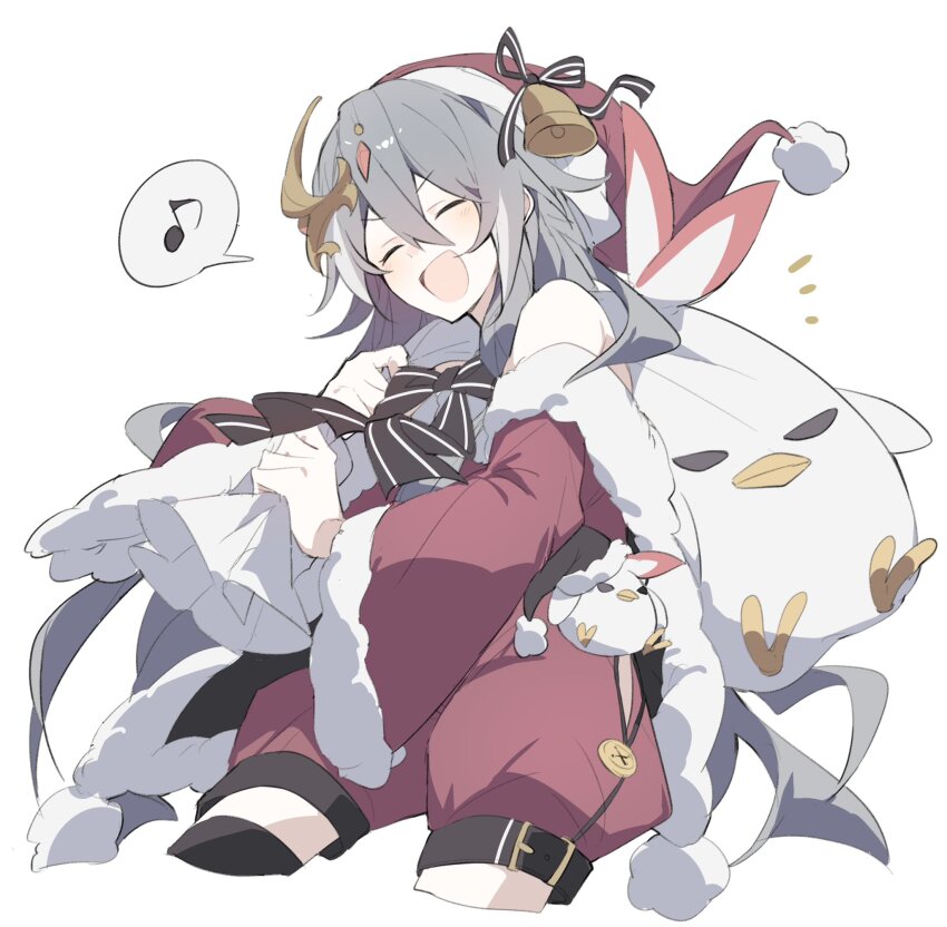 1girl black_bow bow christmas commentary cropped_legs eighth_note fu_hua fu_hua_(herrscher_of_sentience) fur_trim grey_hair hat hat_bell highres holding holding_sack honkai_(series) honkai_impact_3rd jingwei_(bird) long_sleeves multicolored_hair musical_note nonaa4141 notice_lines open_mouth sack santa_hat smile solo spoken_musical_note streaked_hair two-tone_hair white_hair