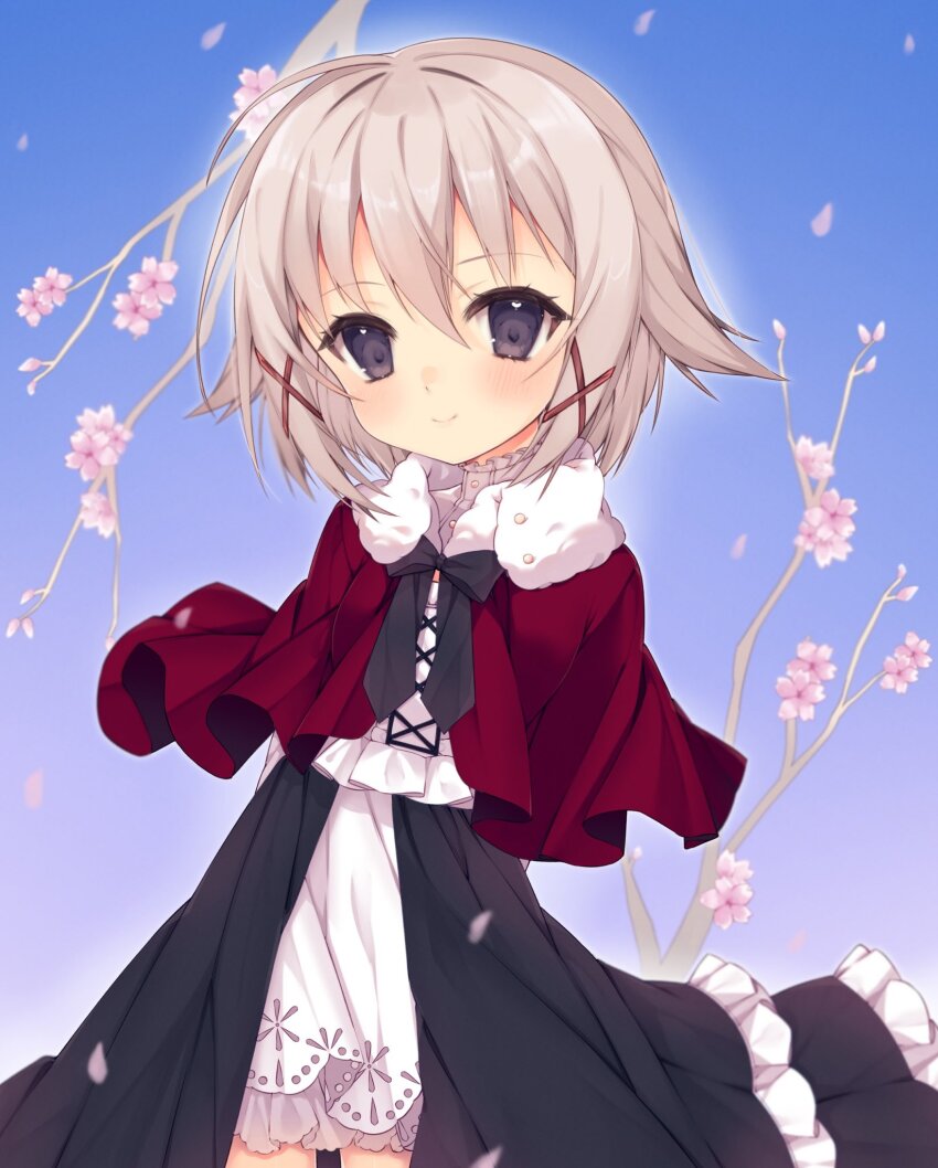 1girl arm_behind_back black_bow black_dress black_eyes blue_background bow breasts buttons capelet cherry_blossoms closed_mouth cowboy_shot dress fur-trimmed_capelet fur_trim hair_between_eyes hair_flaps hair_ornament highres looking_at_viewer natsume_shizuku red_capelet sakura_no_uta shikkuro69 short_hair small_breasts smile solo standing stick white_hair x_hair_ornament