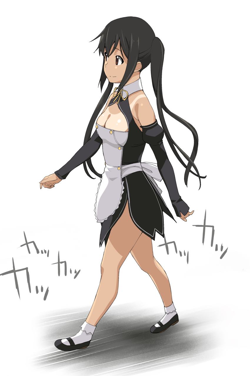 1girl a1_(initial-g) absurdres apron bare_shoulders black_hair breasts bridal_gauntlets brown_eyes cleavage cleavage_cutout clothing_cutout cosplay dream_c_club dream_c_club_(series) female_focus full_body highres k-on! long_hair mary_janes medium_breasts nakano_azusa one-piece_tan setsu_(dream_c_club) setsu_(dream_c_club)_(cosplay) shoes simple_background smile socks solo tan tanline twintails walking white_socks