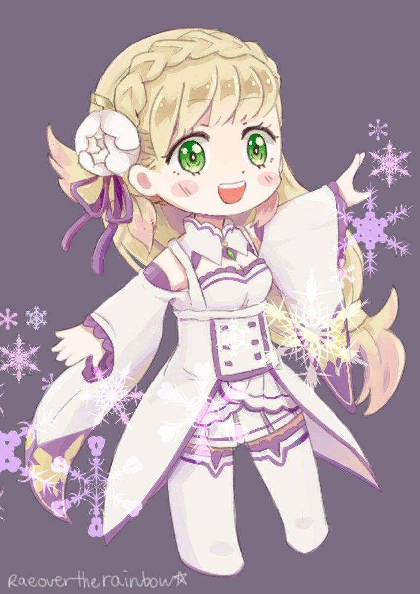 1girl blonde_hair braid clothing_cutout cosplay crown_braid emilia_(re:zero) emilia_(re:zero)_(cosplay) fire_emblem fire_emblem_heroes flower gem gradient_hair green_gemstone hair_flower hair_ornament highres long_hair multicolored_hair nintendo pink_hair purple_ribbon raeoverrainbow re:zero_kara_hajimeru_isekai_seikatsu ribbon sharena_(fire_emblem) shoulder_cutout white_flower wide_sleeves