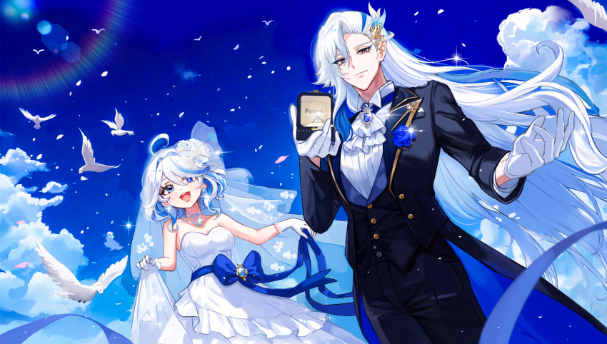 1boy 1girl ahoge bare_shoulders black_coat blue_bow blue_sash blue_sky bow box breasts bride closed_mouth cloud coat cowboy_shot dress falling_petals furina_(genshin_impact) genshin_impact gloves groom hetero highres holding holding_box husband_and_wife long_hair looking_at_viewer medium_breasts multicolored_hair neuvillette_(genshin_impact) parted_bangs petals purple_eyes ring_box sash short_hair sidelocks sky sparkle strapless strapless_dress streaked_hair tuxedo very_long_hair veryslow_zzzpin vest wavy_hair wedding_dress white_dress white_gloves white_hair white_vest wing_collar