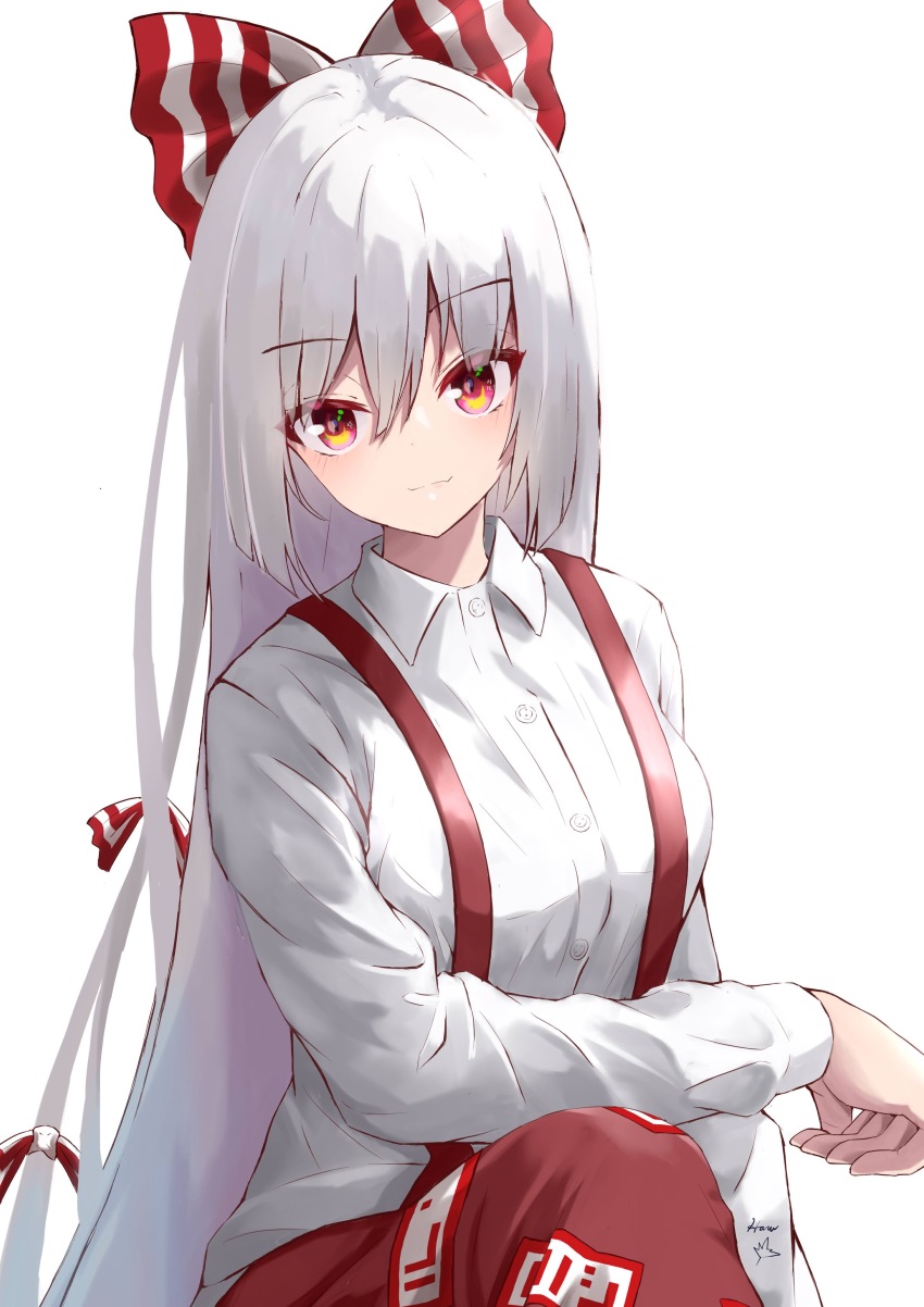 1girl absurdres bow fujiwara_no_mokou hair_between_eyes hair_bow harumomiji highres light_smile long_hair long_sleeves looking_at_viewer ofuda pants red_eyes red_pants resolution_mismatch shirt simple_background solo source_smaller suspenders touhou very_long_hair white_background white_bow white_shirt