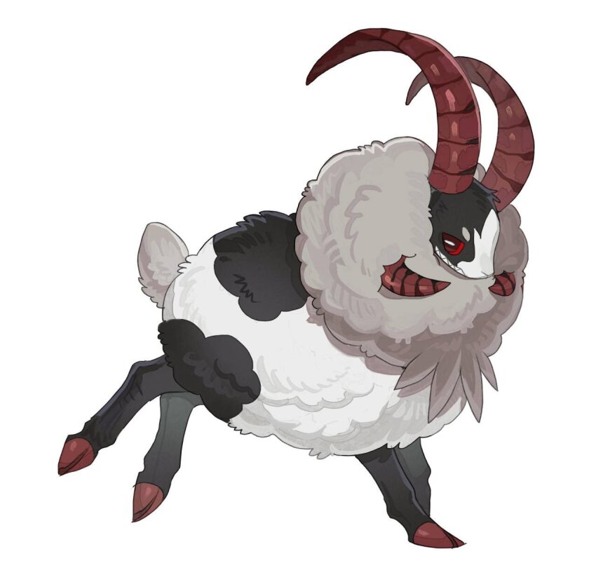 alternate_eye_color animal_focus bairizuomeng bright_pupils colored_sclera creatures_(company) dubwool full_body game_freak gen_8_pokemon goat_horns goat_tail grin highres hooves horizontal_pupils horns looking_at_viewer monster multiple_horns nintendo no_humans pokemon pokemon_(creature) red_eyes red_sclera sharp_teeth simple_background smile solo teeth white_background white_pupils