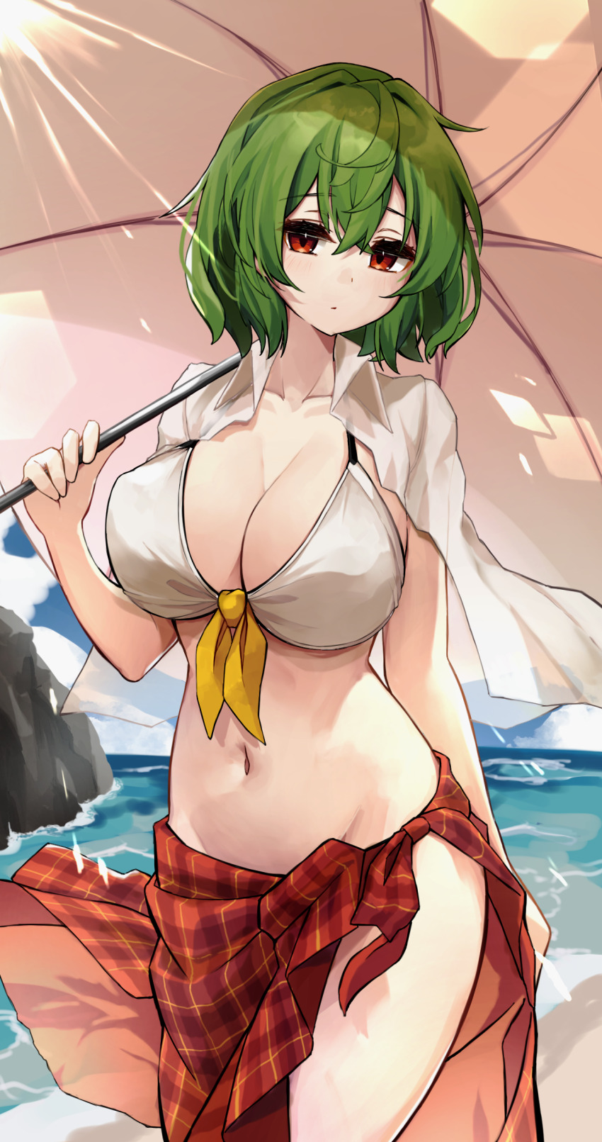 1girl alternate_costume beach bikini blush breasts cleavage collarbone commentary green_hair groin highres hira-san holding holding_umbrella kazami_yuuka large_breasts looking_at_viewer navel outdoors parasol plaid_clothes plaid_sarong red_eyes red_sarong sarong shirt shirt_on_shoulders short_hair solo stomach swimsuit touhou umbrella white_bikini white_shirt