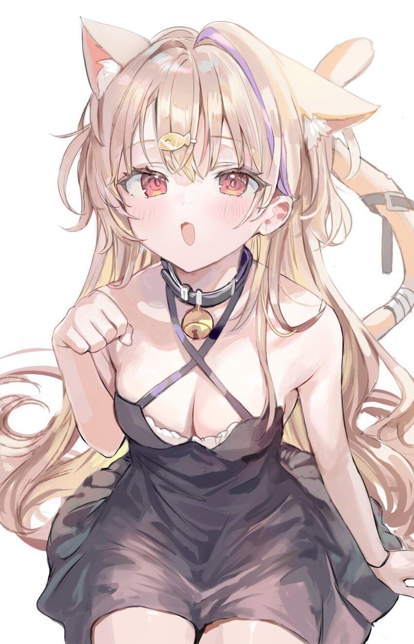 1girl animal_ears bare_shoulders bell blonde_hair breasts cat_day cat_ears cat_girl cat_tail cleavage fish_hair_ornament hair_ornament hand_up highres long_hair looking_at_viewer momoko_(momopoco) multicolored_hair neck_bell neko-chan_(momoko) open_mouth original paw_pose purple_hair simple_background solo streaked_hair tail tail_belt white_background