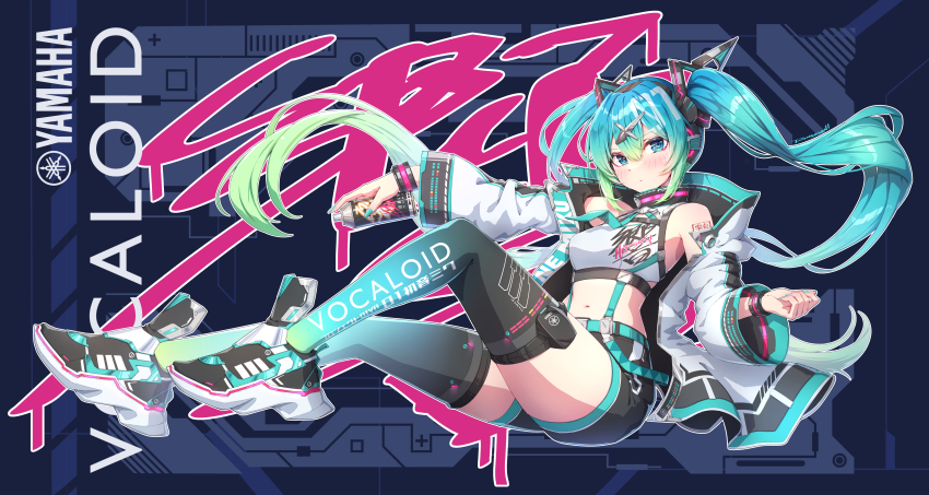 1girl absurdres aqua_belt aqua_eyes aqua_hair black_footwear black_shorts black_thighhighs blue_eyes blue_thighhighs blush can closed_mouth commentary commentary_request cyberpunk_(series) detached_sleeves english_commentary gradient_hair gradient_thighhighs green_hair hatsune_miku highres holding holding_can long_sleeves multicolored_hair ringosan shoes shorts sitting sneakers solo spray_paint tank_top thighhighs twintails white_sleeves white_tank_top wide_sleeves wristband