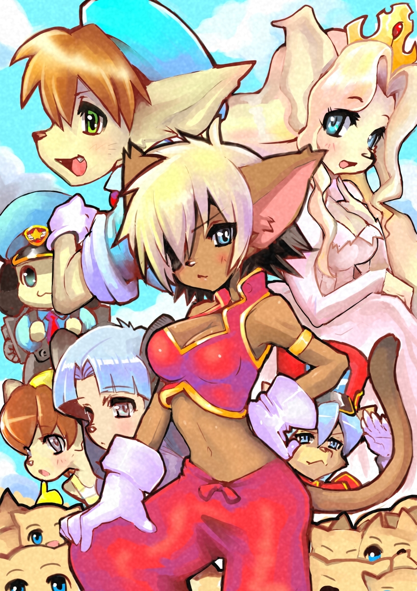 3boys 4girls absurdres alicia_priss animal_ears bare_arms blonde_hair blue_eyes blue_hair blunt_bangs blush breasts brown_hair cat cat_ears cat_girl cat_tail cleavage cleavage_cutout closed_mouth clothing_cutout cyan_garland dakusuta dark_skin dog_girl dress dyed_bangs eyepatch flare_priss gloves green_eyes hair_between_eyes hand_on_own_hip hat highres little_tail_bronx long_hair medium_breasts multicolored_hair multiple_boys multiple_girls navel open_mouth panta_(tail_concerto) short_hair smile solatorobo stare_priss tail tail_concerto two-tone_hair waffle_ryebread white_dress white_gloves white_hair