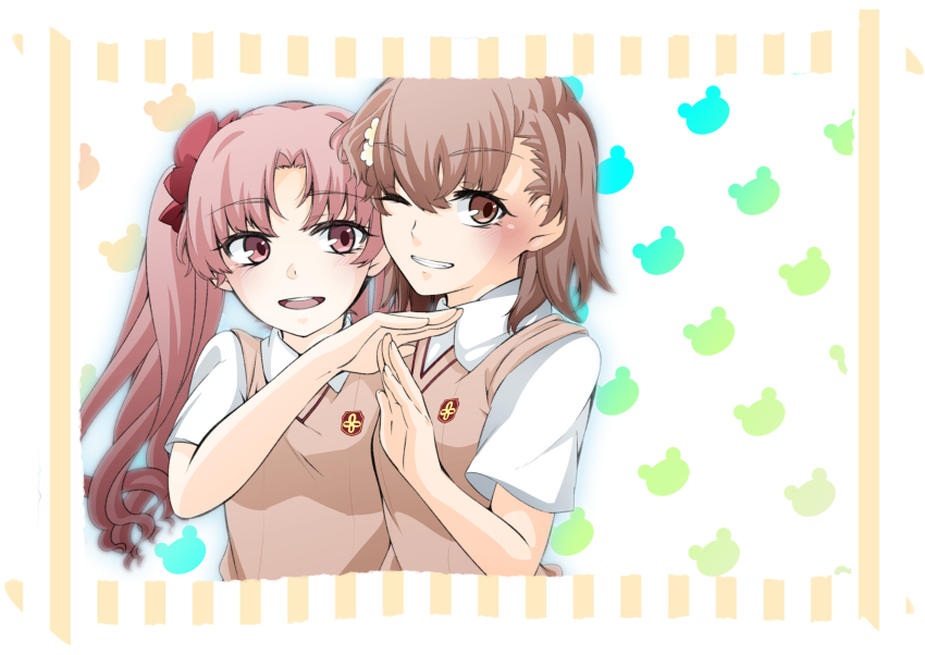 2girls :d absurdres blush bow brown_eyes brown_hair brown_sweater_vest brown_vest commentary_request emblem flower gekota grin hair_bow hair_ornament hair_ribbon hairclip hairpin higashizukihi_sei highres long_hair looking_at_viewer medium_hair misaka_mikoto multiple_girls one_eye_closed open_mouth print_background ribbon school_emblem school_uniform shirai_kuroko shirt short_sleeves smile summer_uniform sweater_vest teeth toaru_kagaku_no_railgun toaru_majutsu_no_index tokiwadai_school_uniform twintails upper_body upper_teeth_only v-neck vest white_shirt