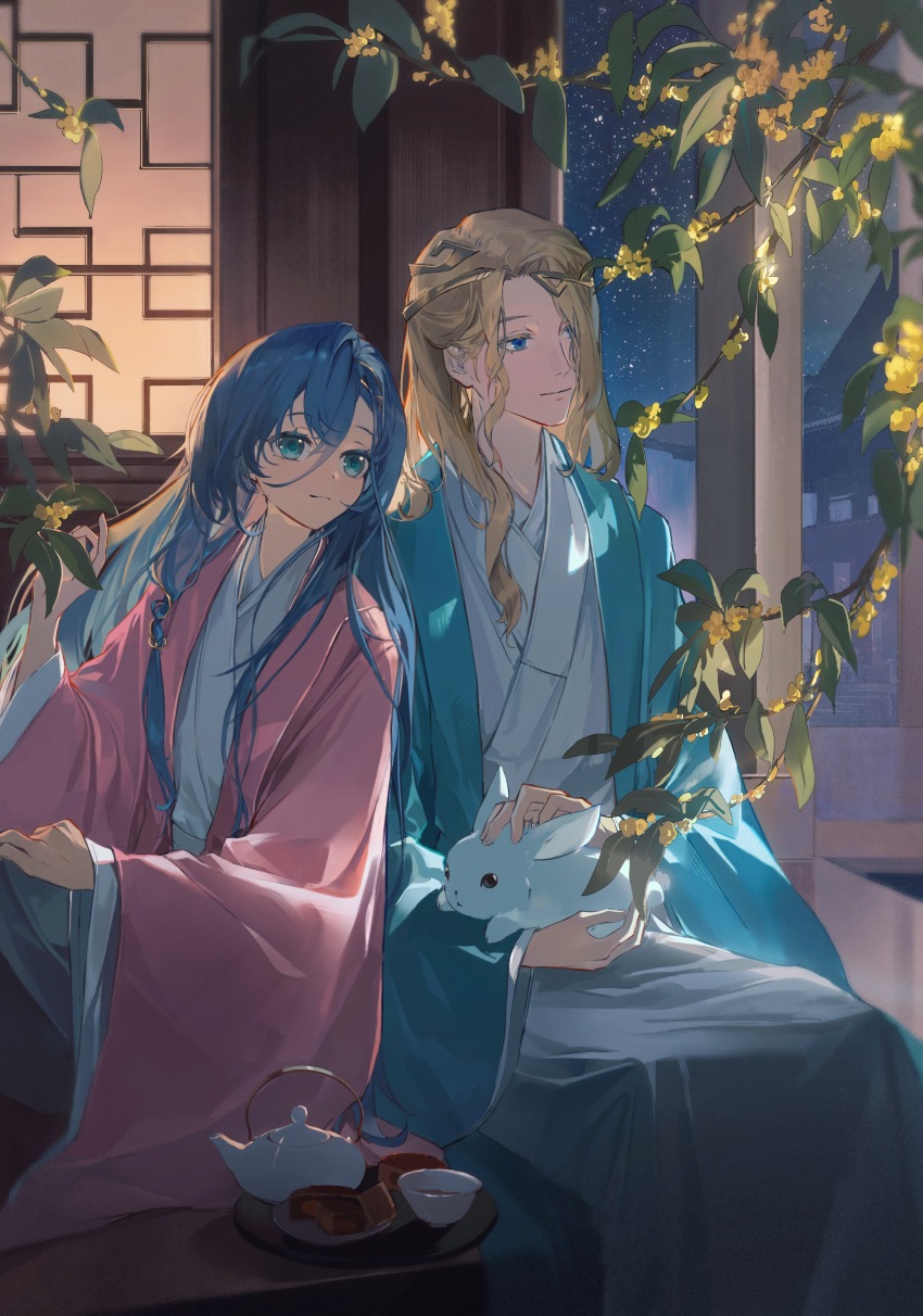 1boy 1girl 37_(reverse:1999) 6_(reverse:1999) absurdres animal architecture artist_request blonde_hair blue_eyes blue_hair blue_hanfu branch chinese_clothes circlet commission cup east_asian_architecture flower gold_osmanthus hanfu highres holding holding_animal leaning_on_person long_hair mooncake night night_sky pink_hanfu rabbit reverse:1999 second-party_source sitting sky star_(sky) starry_sky teapot tray yellow_flower