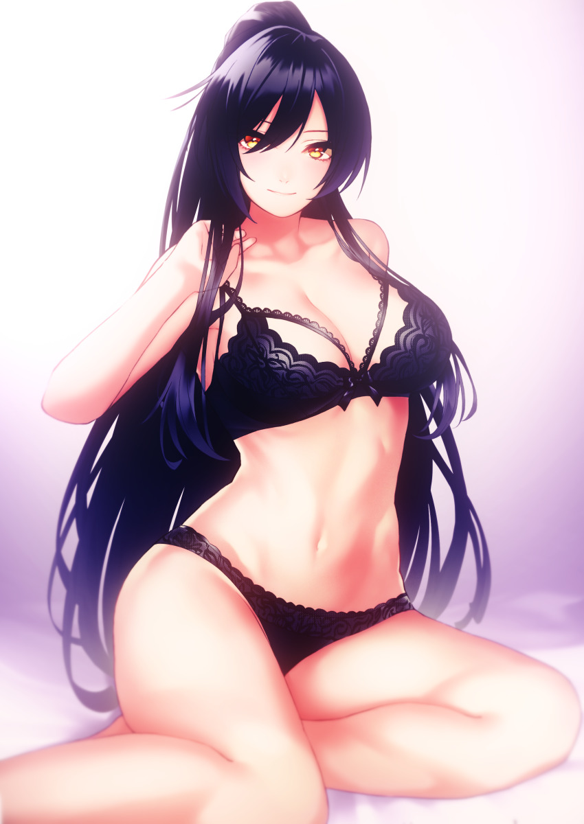 1girl absurdres bare_shoulders black_bra black_hair black_panties blush bra breasts cleavage collarbone hair_between_eyes highres idolmaster idolmaster_shiny_colors lace lace-trimmed_bra lace-trimmed_panties lace_trim large_breasts long_hair looking_at_viewer navel panties ponytail shirase_sakuya sitting smile solo taiyou-n thighs underwear underwear_only yellow_eyes