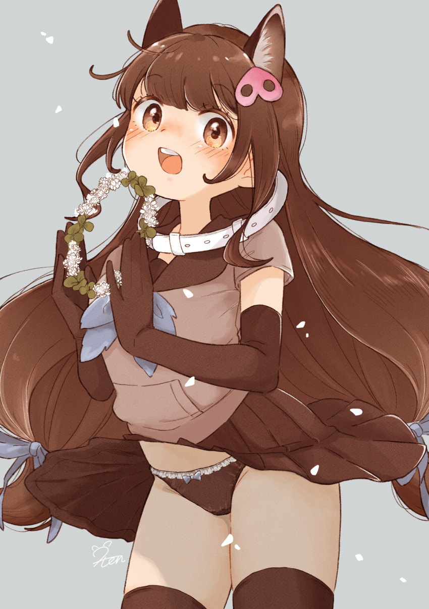 0nanaten 1girl :d animal_ear_fluff animal_ears blunt_bangs blush brown_eyes brown_gloves brown_hair brown_panties brown_skirt brown_thighhighs collared_peccary_(kemono_friends) commentary commission elbow_gloves extra_ears flower_wreath frilled_panties frills gloves grey_background hair_ornament hairclip highres holding holding_wreath kemono_friends long_hair low-tied_long_hair open_mouth panties pleated_skirt short_sleeves simple_background skeb_commission skirt smile solo teeth thighhighs underwear upper_teeth_only very_long_hair