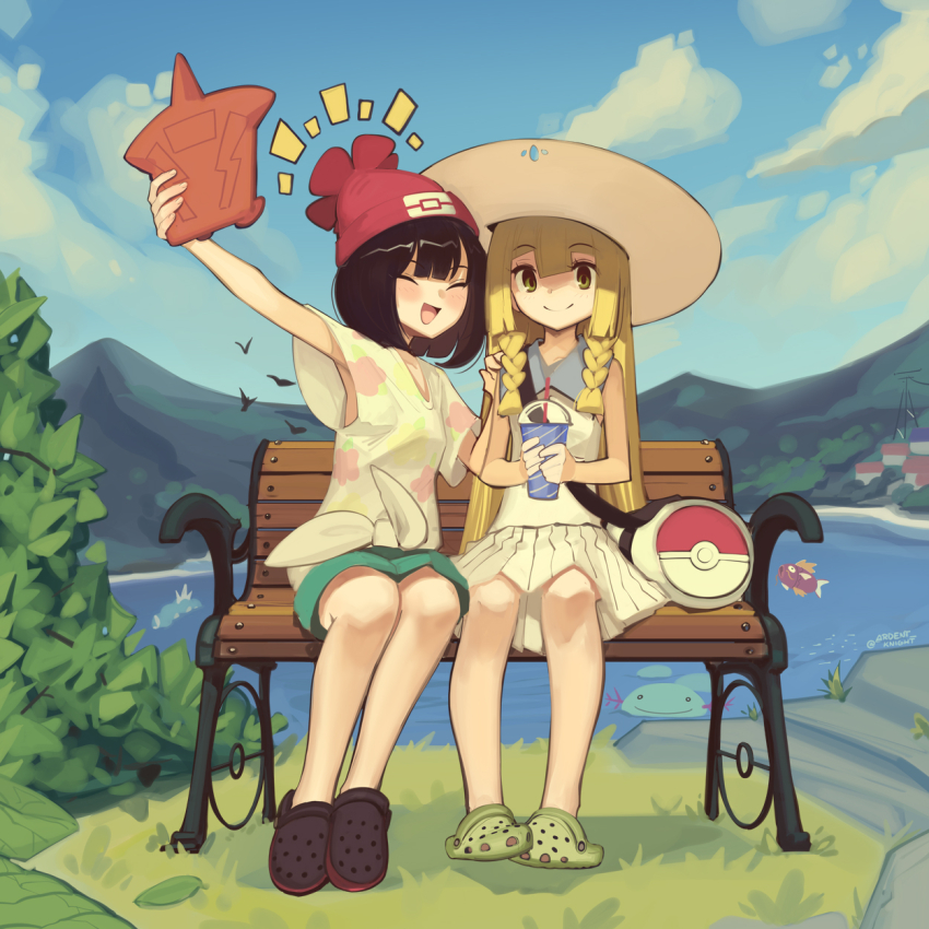 2girls bag bare_shoulders beanie blonde_hair boa_(brianoa) braid breasts creatures_(company) dress duffel_bag game_freak gen_1_pokemon gen_2_pokemon gen_4_pokemon green_eyes green_shorts gyarados hat highres lillie_(pokemon) long_hair looking_at_viewer magikarp multiple_girls nintendo pokemon pokemon_(creature) pokemon_sm quagsire red_headwear rotom rotom_dex selene_(pokemon) shirt shorts sleeveless sleeveless_dress small_breasts smile sun_hat tied_shirt twin_braids white_dress yellow_shirt