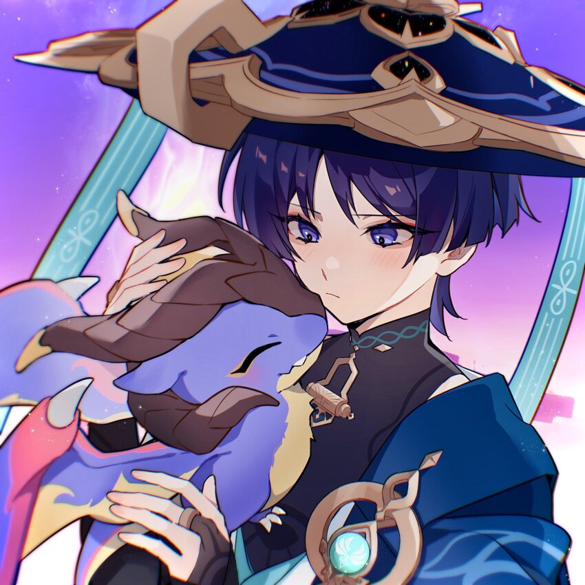 1boy animal black_bodysuit blue_cape blue_hat blunt_ends bodysuit cape claws closed_eyes dragon dragon_horns dragon_wings eyeliner eyeshadow genshin_impact gold gold_ring hat highres holding holding_animal horns jingasa makeup male_focus mandarin_collar middle_ring mini_durin_(genshin_impact) pink_eyeliner pink_eyeshadow purple_eyes purple_hair purple_sky red_eyeliner red_eyeshadow scaramouche_(genshin_impact) sky small_dragon spoilers vision_(genshin_impact) w02_14 wanderer_(genshin_impact) wings