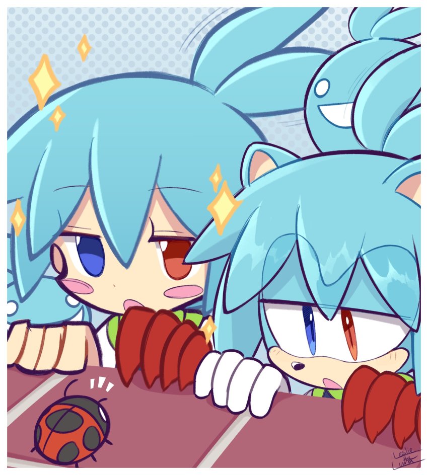 2boys animal_ears blue_eyes blue_hair blush_stickers bug furrification furry furry_male gloves heterochromia highres insect ladybug leslietheluna multiple_boys open_mouth puyopuyo puyopuyo_fever_2 red_eyes short_hair sig_(puyopuyo) single_glove sonic_(series) white_gloves