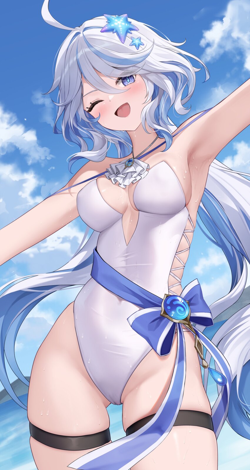 1girl ;d absurdres ahoge armpits ascot blue_eyes blue_hair breasts commentary drop-shaped_pupils furina_(genshin_impact) genshin_impact grey_hair hair_between_eyes highres long_hair looking_at_viewer lunacle medium_breasts ocean one-piece_swimsuit one_eye_closed open_mouth outdoors outstretched_arms paid_reward_available smile solo spread_arms starfish_hair_ornament strapless strapless_one-piece_swimsuit swimsuit symbol-shaped_pupils thigh_strap vision_(genshin_impact) white_ascot white_one-piece_swimsuit