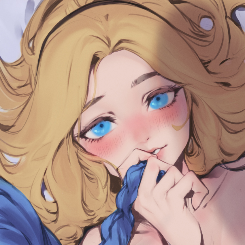 2girls blonde_hair blue_eyes blue_hair blush braid close-up hairband highres holding_another&#039;s_hair jinx_(league_of_legends) league_of_legends long_hair looking_at_viewer lux_(league_of_legends) multiple_girls nude out_of_frame parted_lips phantom_ix_row portrait solo_focus yuri