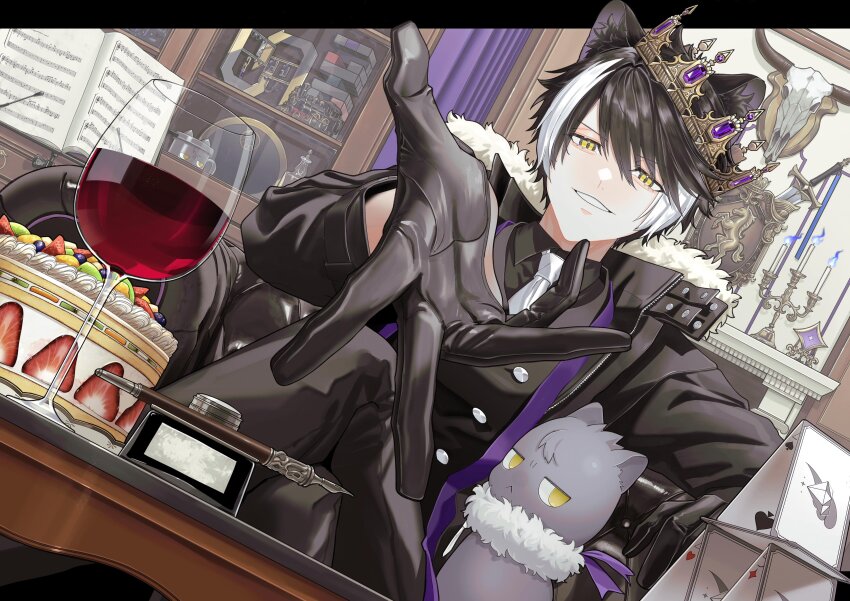 1boy absurdres alcohol animal_ear_fluff animal_ears birthday_cake black_gloves black_hair black_pants black_shirt cake card commentary_request crossed_legs crown cup drinking_glass food fruit gloves hair_between_eyes highres holostars indoors jackal_boy jackal_ears jacket jewelry kageyama_shien kageyama_shien_(1st_costume) looking_at_viewer male_focus momiage_40 multicolored_hair necktie nekoyama_shien pants parted_lips playing_card reaching reaching_towards_viewer red_wine sheet_music shiny_clothes shirt short_hair sitting slit_pupils smile solo streaked_hair two-tone_hair virtual_youtuber white_hair white_necktie wine wine_glass yellow_eyes