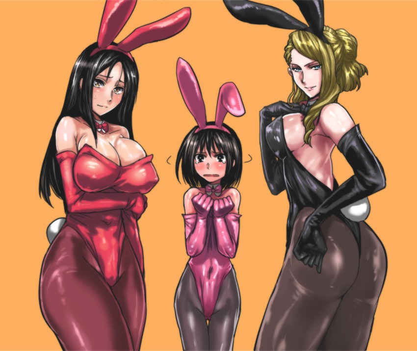 10s 3girls animal_ears ass bad_id bad_pixiv_id black_hair blonde_hair breast_envy breasts cleavage dragon_yukano elbow_gloves fake_animal_ears gloves leotard long_hair multiple_girls nancy_lee ninja_slayer orange_background pantyhose playboy_bunny rabbit_ears rabbit_tail short_hair sideboob simple_background tail warainaku yamoto_koki