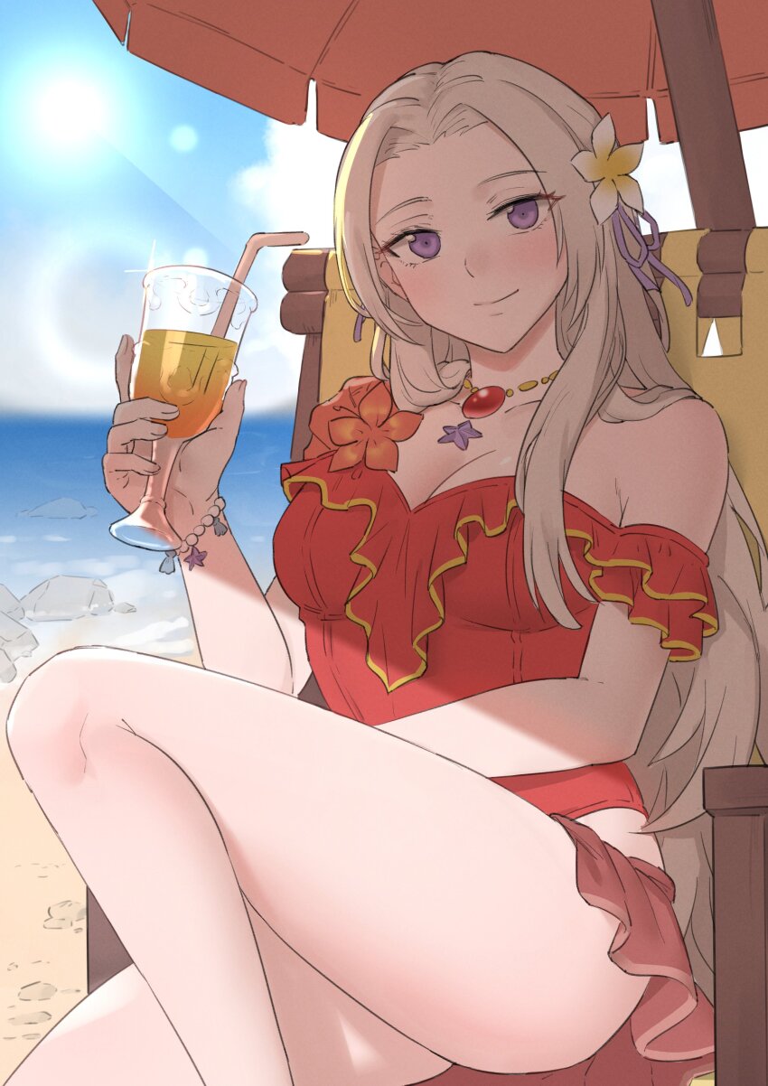 1girl absurdres breasts casual_one-piece_swimsuit ebinku edelgard_von_hresvelg edelgard_von_hresvelg_(summer) fire_emblem fire_emblem:_three_houses fire_emblem_heroes flower frilled_one-piece_swimsuit frills hair_flower hair_ornament hair_ribbon highres long_hair looking_at_viewer nintendo official_alternate_costume one-piece_swimsuit purple_eyes red_one-piece_swimsuit ribbon smile solo swimsuit white_hair