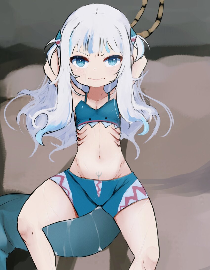 1girl blue_eyes blue_hair blue_shorts blunt_bangs closed_mouth commentary english_commentary feet_out_of_frame fins fish_tail flat_chest gawr_gura gills grey_background hair_ornament highres hololive hololive_english long_hair looking_at_viewer multicolored_hair shark_girl shark_tail shorts solo streaked_hair tail two_side_up v-shaped_eyebrows virtual_youtuber weeze white_hair