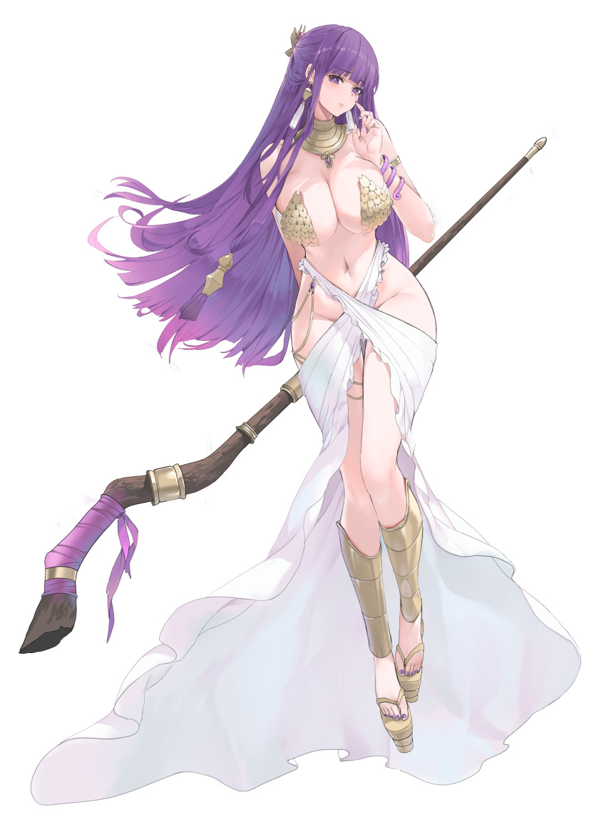 1girl absurdres alternate_costume artist_name blush breasts dishwasher1910 fern_(sousou_no_frieren) full_body highres holding holding_staff large_breasts long_hair long_legs looking_at_viewer mage_staff purple_eyes purple_hair solo sousou_no_frieren staff tagme very_long_hair