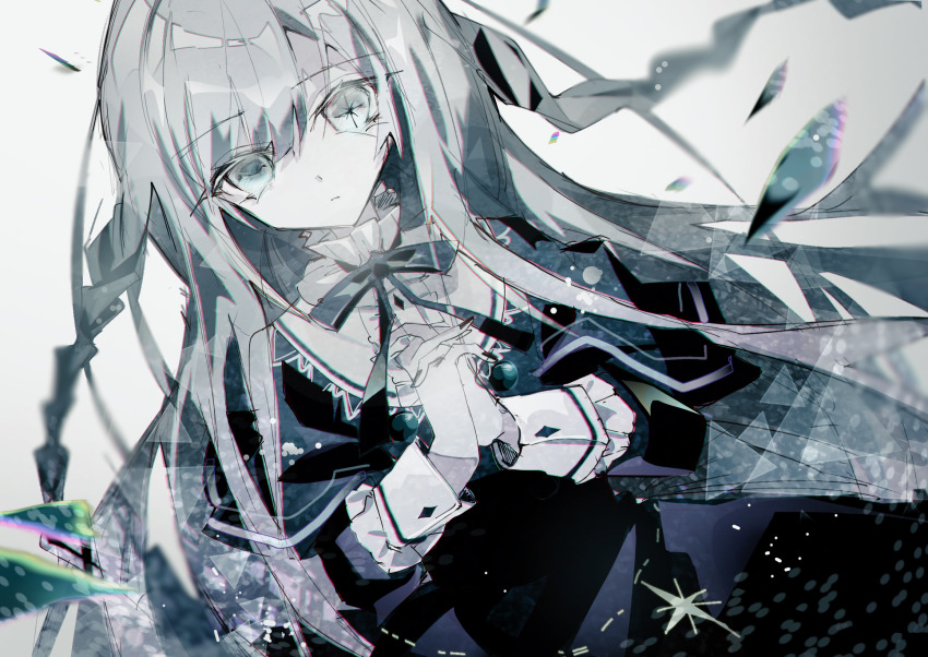 arcaea grey_hair grey_shirt heterochromia highres pixiv_30745887 praying shirt