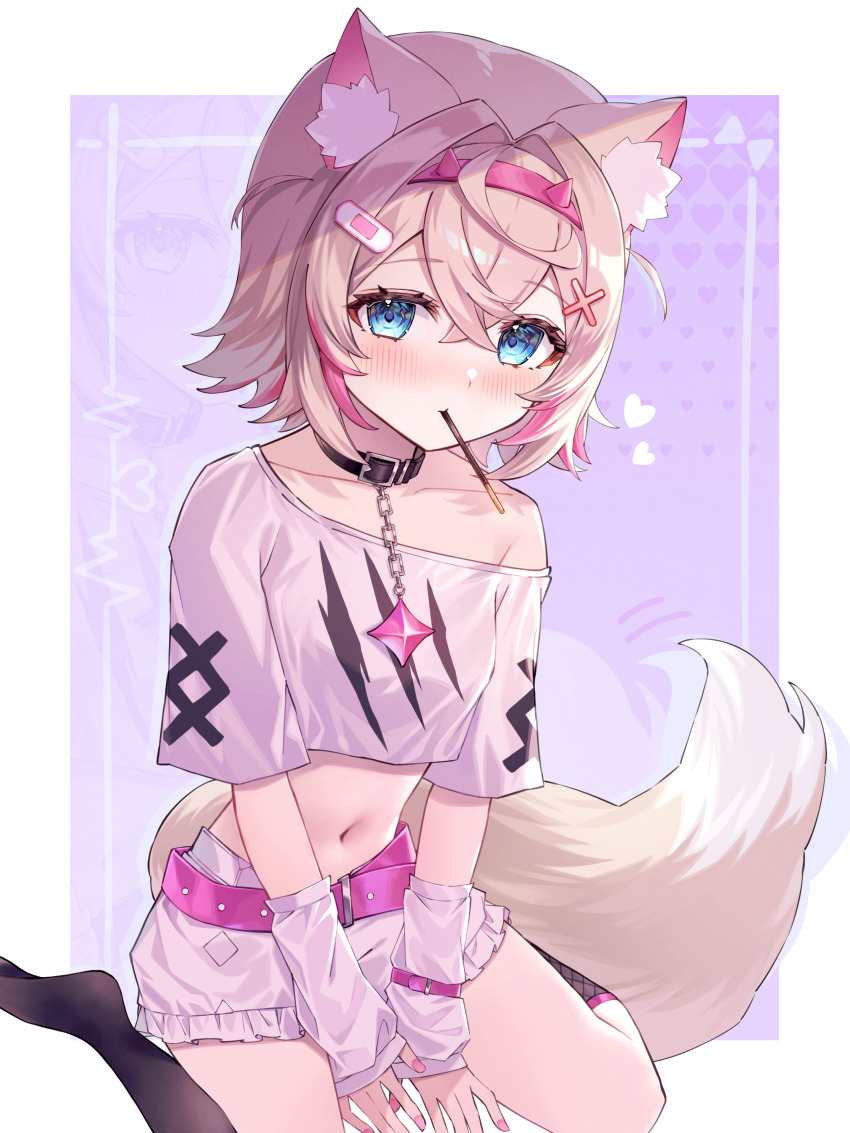 1girl absurdres animal_ear_fluff animal_ears bandaid bandaid_hair_ornament belt black_collar black_thighhighs blonde_hair blue_eyes blush breasts collar cropped_shirt dog_ears dog_girl dog_tail food food_in_mouth frilled_shorts frills hair_ornament heart highres hinatan_(hinatan_krnk) hololive hololive_english looking_at_viewer mococo_abyssgard mococo_abyssgard_(1st_costume) mouth_hold multicolored_hair navel pink_belt pink_hair pocky pocky_in_mouth shirt shorts small_breasts solo streaked_hair tail thighhighs virtual_youtuber white_shirt white_shorts x_hair_ornament