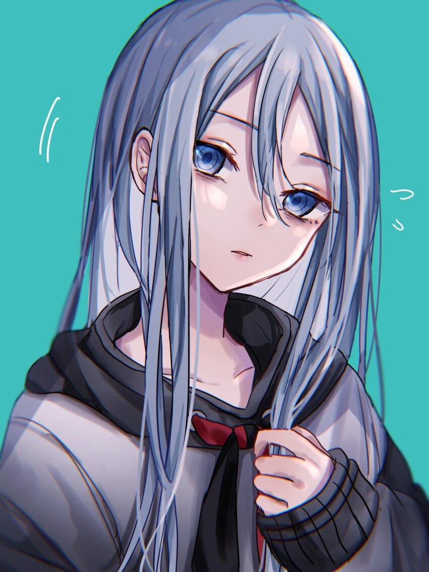 1girl blue_background blue_eyes blue_hair blush bow collarbone flying_sweatdrops grey_hair hair_between_eyes hand_in_own_hair highres hood hoodie light_blue_hair long_hair long_sleeves looking_at_viewer mismatched_arm_warmers neckerchief open_mouth penny_pany project_sekai simple_background sleeves_past_wrists solo two-tone_neckerchief very_long_hair white_hair yoisaki_kanade