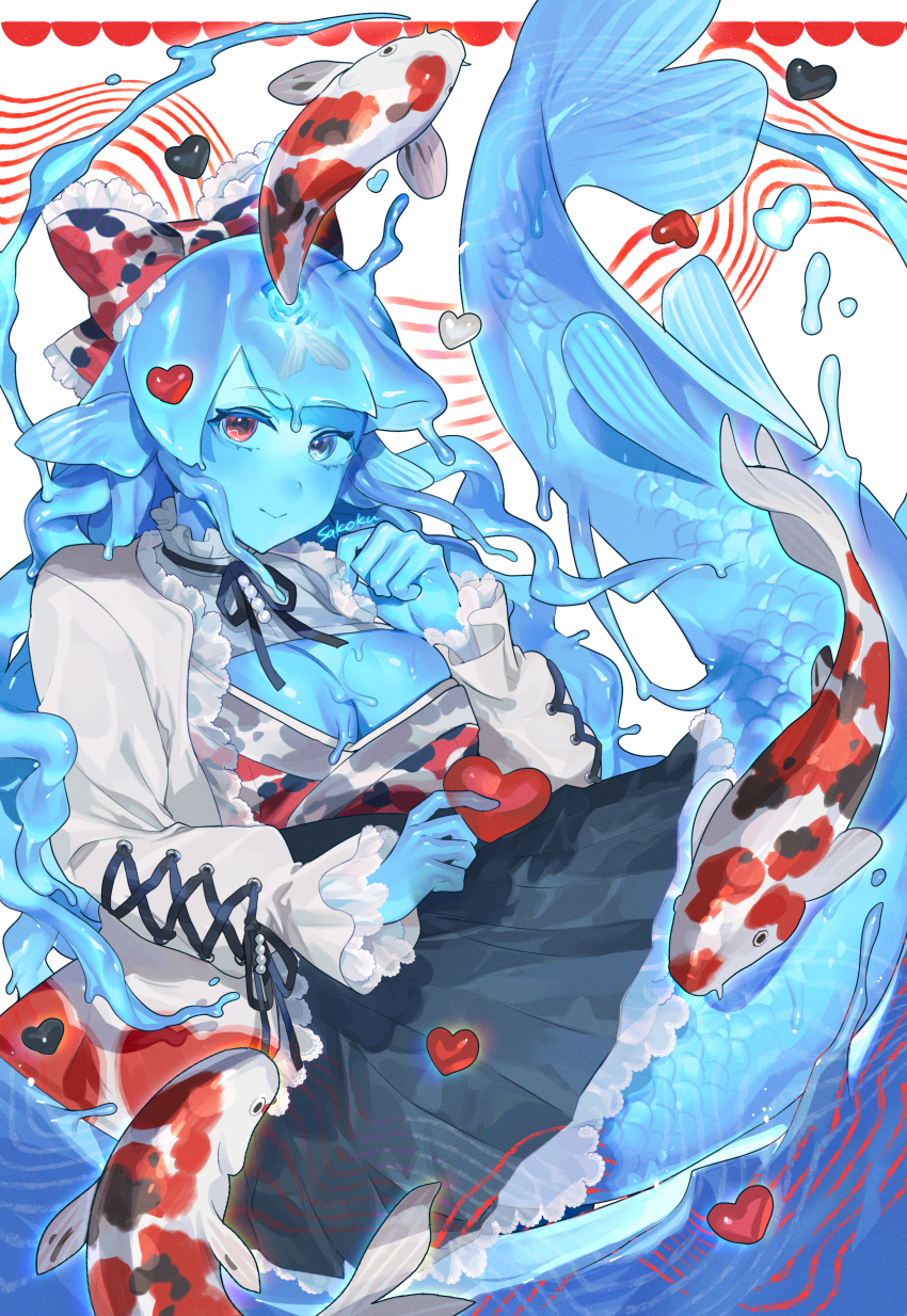 1girl absurdres black_skirt blue_eyes blue_hair breasts cleavage closed_mouth fish heart heterochromia highres koi large_breasts long_hair long_sleeves looking_at_viewer mermaid monster_girl original pleated_skirt red_eyes sakoku_(oyatsu3ji_) skirt slime_girl smile