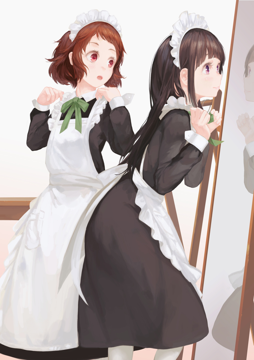 10s 2girls :o apron black_dress black_hair blunt_bangs bow brown_hair chitanda_eru closed_mouth dress dressing eyelashes frilled_apron frills green_bow green_ribbon hands_up highres hyouka ibara_mayaka indoors jq leaning_forward long_hair long_sleeves looking_at_another maid_headdress mirror multiple_girls neck_ribbon pantyhose purple_eyes red_eyes reflection ribbon short_hair smile standing very_long_hair waitress white_apron