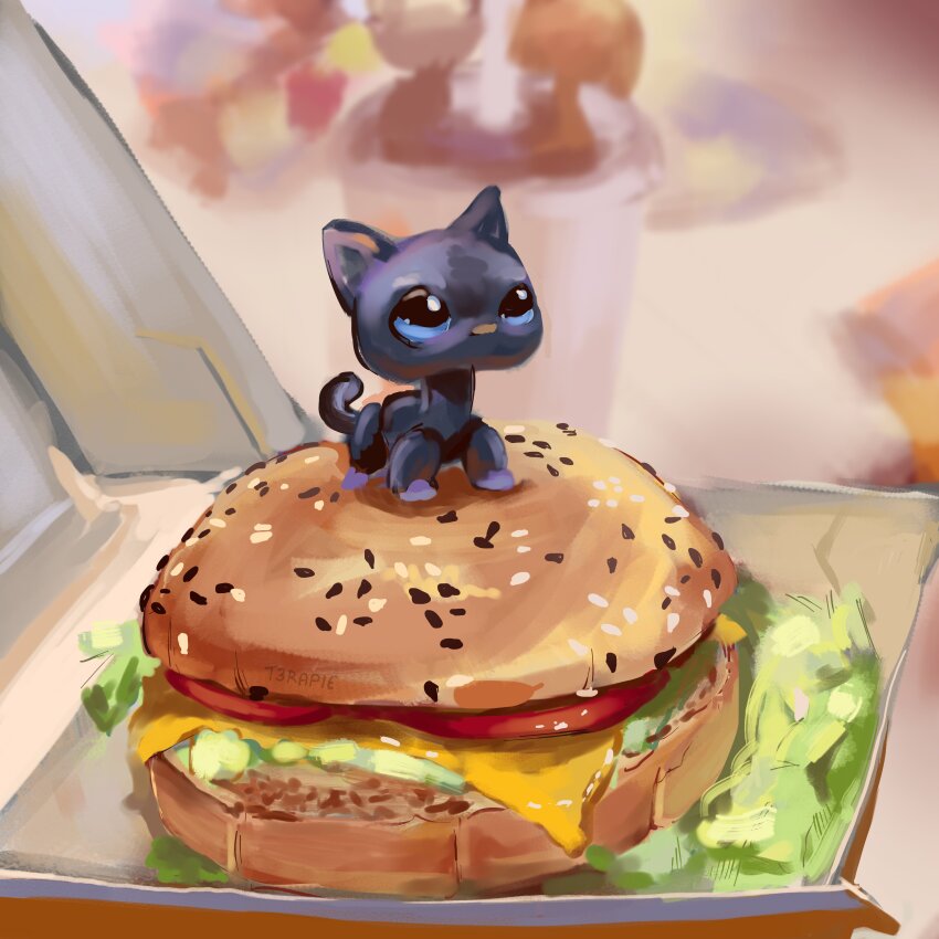 absurdres black_cat blue_eyes box bun_(food) burger cat cheese commentary english_commentary food food_focus highres lettuce littlest_pet_shop lps_cat_994 no_humans object_focus painterly photo-referenced realistic seed still_life t3rapie tomato toy