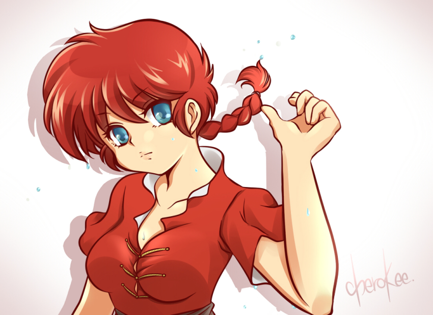 1girl blue_eyes braid cherokee_(miharu0310) chinese_clothes female_focus gender_request genderswap looking_at_viewer ranma-chan ranma_1/2 red_hair saotome_ranma shadow simple_background single_braid solo tangzhuang upper_body white_background