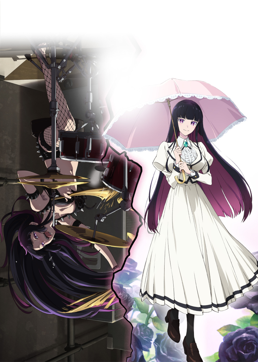 1girl absurdres armlet black_flower black_hair black_rose black_shorts blunt_bangs breasts brooch brown_shoes center_frills cleavage closed_mouth collared_shirt dress_shirt drum drum_set fishnet_thighhighs fishnets flower frills high-waist_skirt highres holding holding_umbrella instrument jacket jewelry juliet_sleeves kurogane_otoha lapels large_breasts loafers long_hair long_skirt long_sleeves looking_at_viewer navel notched_lapels official_art open_mouth parasol playing_drum pleated_skirt puffy_sleeves purple_eyes purple_hair rock_wa_lady_no_tashinami_deshite rose school_uniform shirt shoes short_shorts shorts sitting skirt smile spiked_armlet split_screen split_theme stomach sweat thighhighs tongue tongue_out umbrella upside-down very_long_hair white_jacket white_shirt white_skirt