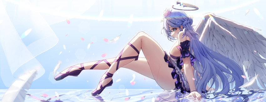 1girl absurdres angel_wings bare_legs blue_background blue_eyes blue_hair breasts closed_mouth commentary_request dress flower from_side halo head_wings highres honkai:_star_rail honkai_(series) korean_commentary large_breasts leegh19769 long_hair purple_flower reflective_floor robin_(honkai:_star_rail) shoes sideboob sitting solo white_dress wings