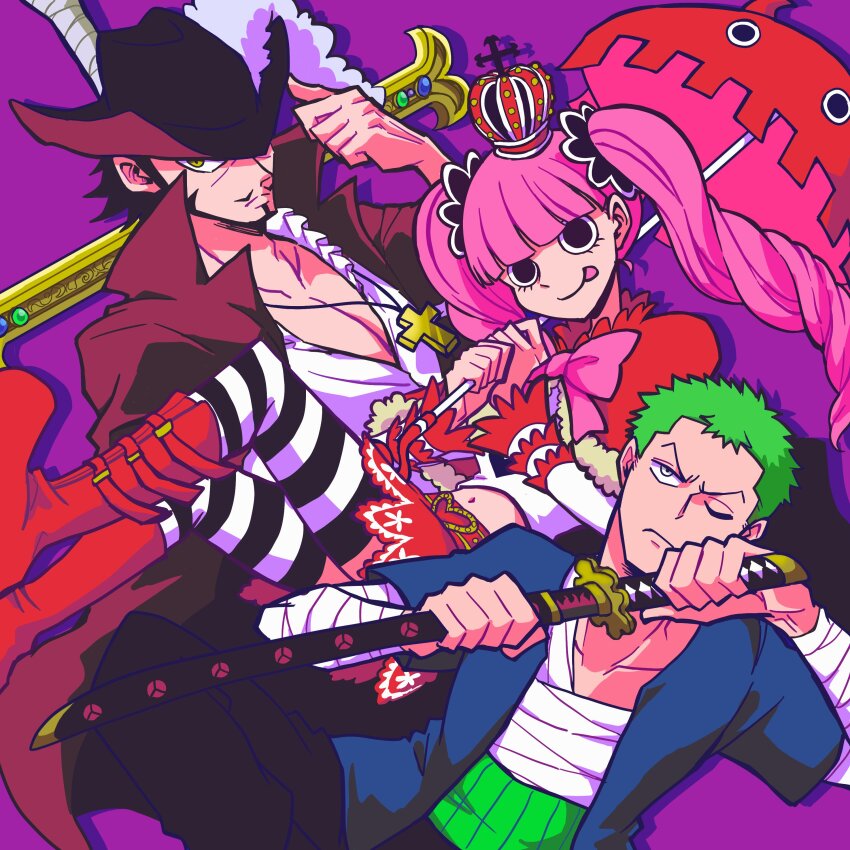 1girl 2boys :p absurdres bandaged_torso beard black_hair blue_shirt blunt_bangs boots capelet coat commentary_request cross_pendant crown dracule_mihawk facial_hair frilled_shirt frills green_hair haramaki hat_feather highres holding holding_sword holding_umbrella holding_weapon looking_at_viewer miniskirt multiple_boys mustache one_piece open_clothes open_shirt pantyhose perona pink_hair purple_background red_capelet roronoa_zoro shiroh1000be shirt skirt striped_clothes striped_pantyhose sword tongue tongue_out twintails umbrella v-shaped_eyebrows weapon white_shirt