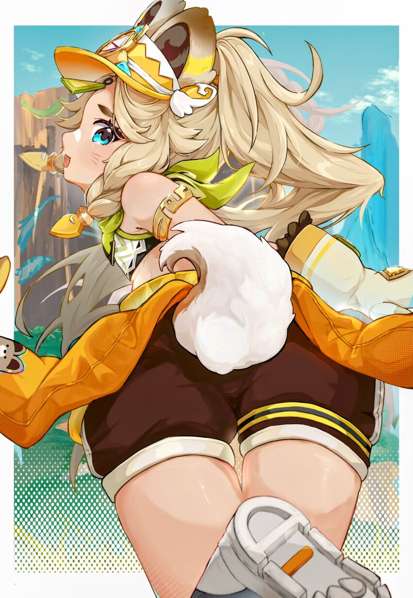 1girl absurdres armlet ass ass_focus bandana bandana_around_neck bare_shoulders blonde_hair blue_eyes blush border braid brown_shorts chestnut_mouth chinchilla_ears chinchilla_girl chinchilla_tail crop_top foot_up from_behind fur-trimmed_mittens fur_trim genshin_impact green_bandana hair_ornament halftone halftone_background high_ponytail highres hourousya jewelry kachina_(genshin_impact) looking_at_viewer mittens open_mouth outdoors outside_border shirt shorts sleeveless sleeveless_shirt smile solo thighs twin_braids visor_cap white_border