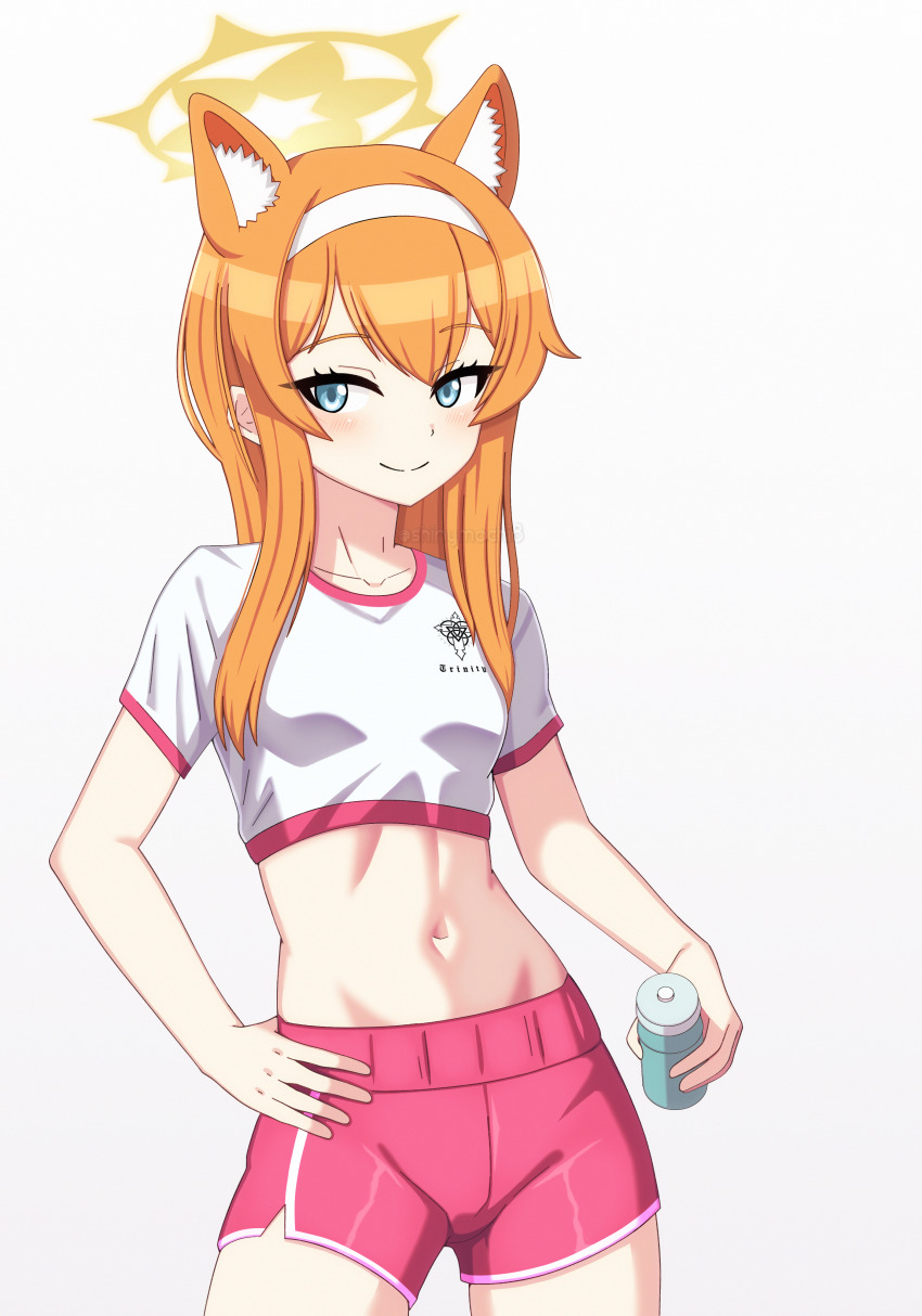 1girl absurdres animal_ear_fluff animal_ears blue_archive blush bottle cat_ears gym_shorts gym_uniform hairband halo highres holding holding_bottle looking_at_viewer mari_(blue_archive) self-upload shinymochi8 shirt short_sleeves shorts simple_background smile solo t-shirt water_bottle white_background white_hairband