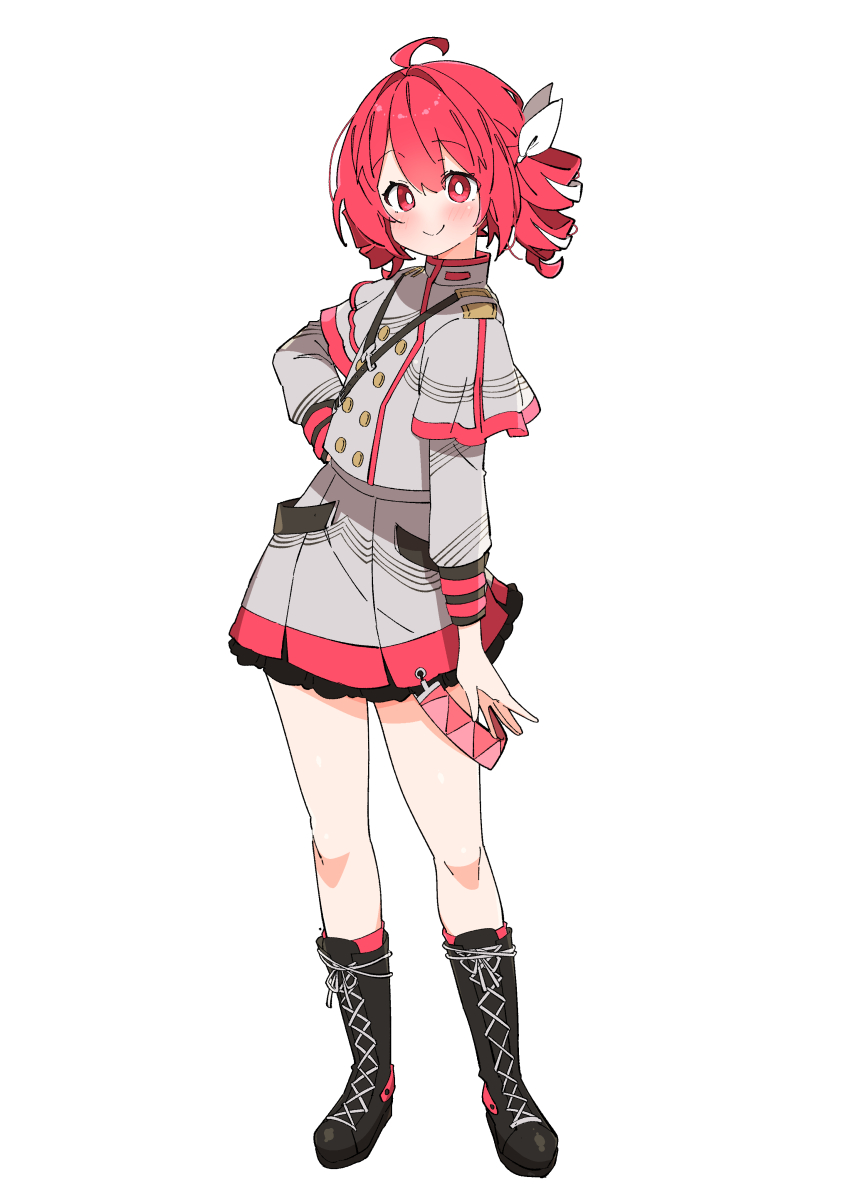 1girl absurdres ahoge black_footwear cross-laced_footwear drill_hair epaulettes full_body grey_jacket grey_skirt hair_ribbon hand_on_own_hip highres jacket kasane_teto kasane_teto_(sv) looking_at_viewer pink_eyes pink_hair ribbon simple_background skirt smile solo standing synthesizer_v twin_drills uruti_2388 utau white_background white_ribbon