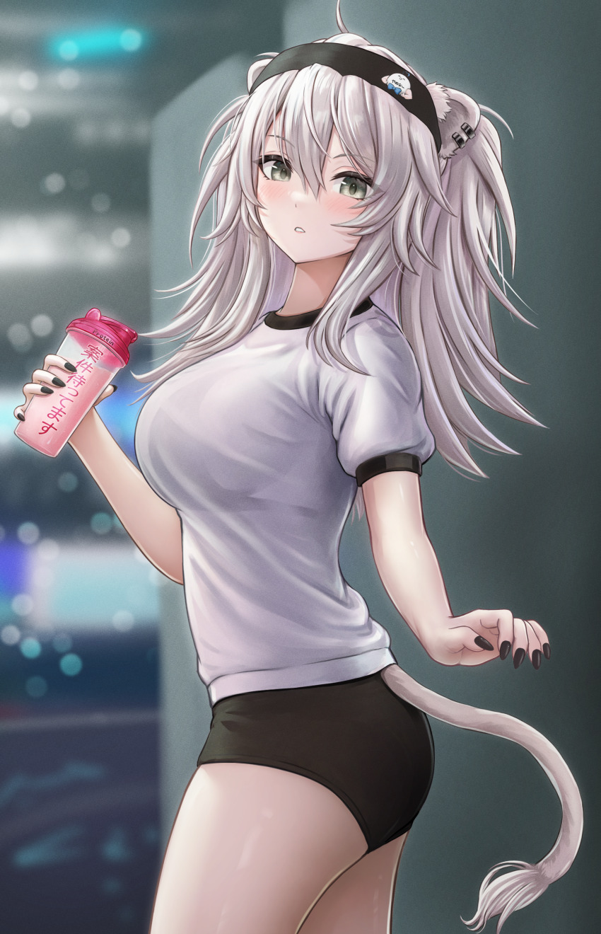 1girl absurdres ahoge alternate_costume animal_ears ass black_buruma black_headband black_nails breasts buruma cup earrings from_side grey_eyes grey_hair gym_uniform hair_between_eyes headband highres holding holding_cup hololive jewelry lion_ears lion_girl lion_tail nail_polish shirt shishiro_botan signature solo tail twitter_username virtual_youtuber wajuniorbox white_shirt