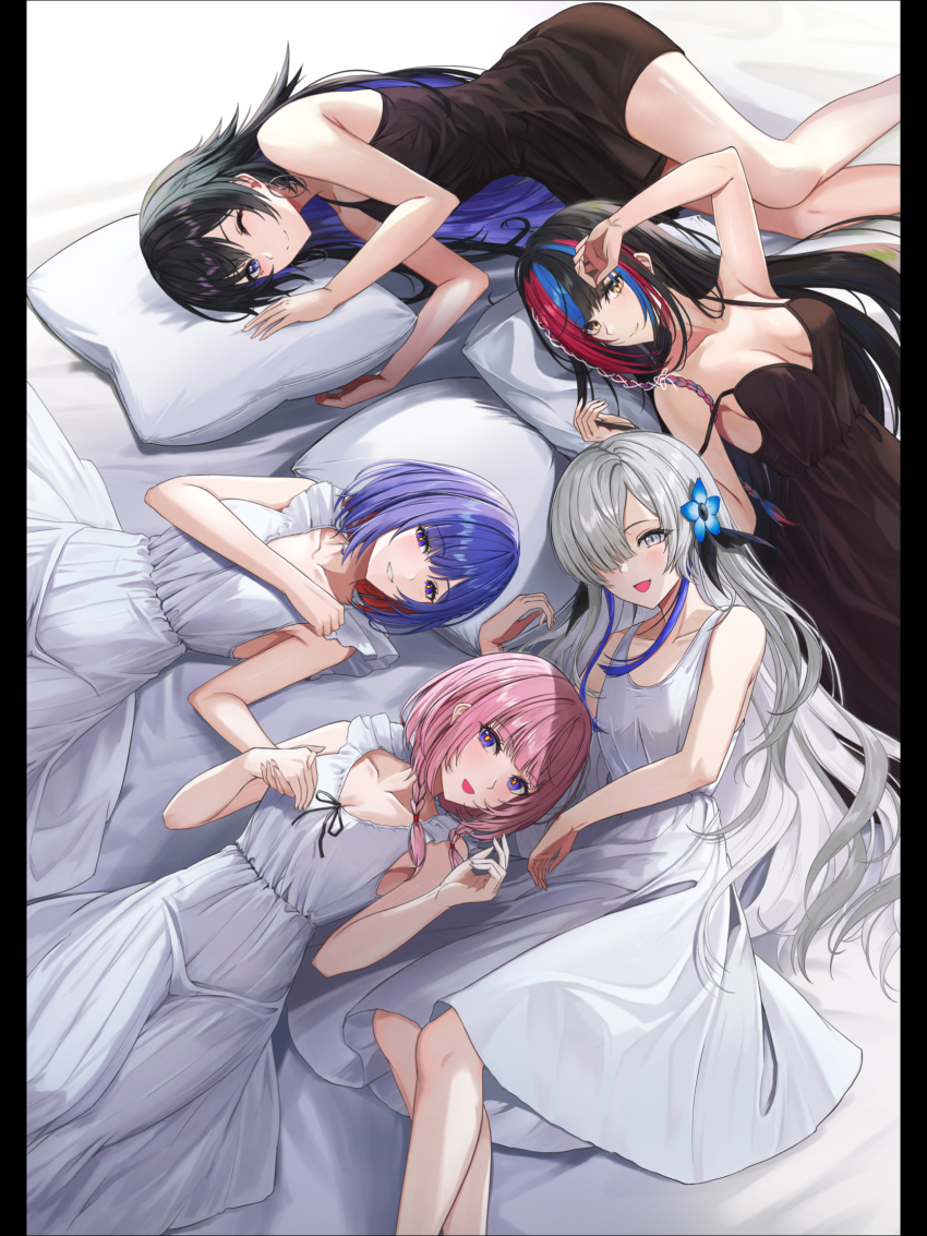 5girls armpits bare_legs bare_shoulders bed_sheet black_border black_dress black_hair blue_streaks blunt_bangs border braid breasts chemise cleavage collarbone colored_inner_hair commentary_request double-parted_bangs dress earrings fingernails flower frilled_dress frills from_above gurameso hair_flower hair_ornament hair_over_one_eye harusaruhi head_on_pillow highres holding_hands hoop_earrings isekaijoucho jewelry kaf_(kamitsubaki_studio) kamitsubaki_studio koko_(kamitsubaki_studio) long_dress long_hair looking_at_viewer lying medium_dress multicolored_hair multiple_girls nemophila_(flower) nightgown on_bed one_eye_closed one_eye_covered pillow pink_hair purple_hair red_streaks rim_(kamitsubaki_studio) short_hair side_braid sleepwear smile strap_slip streaked_hair twin_braids virtual_youtuber white_dress white_hair