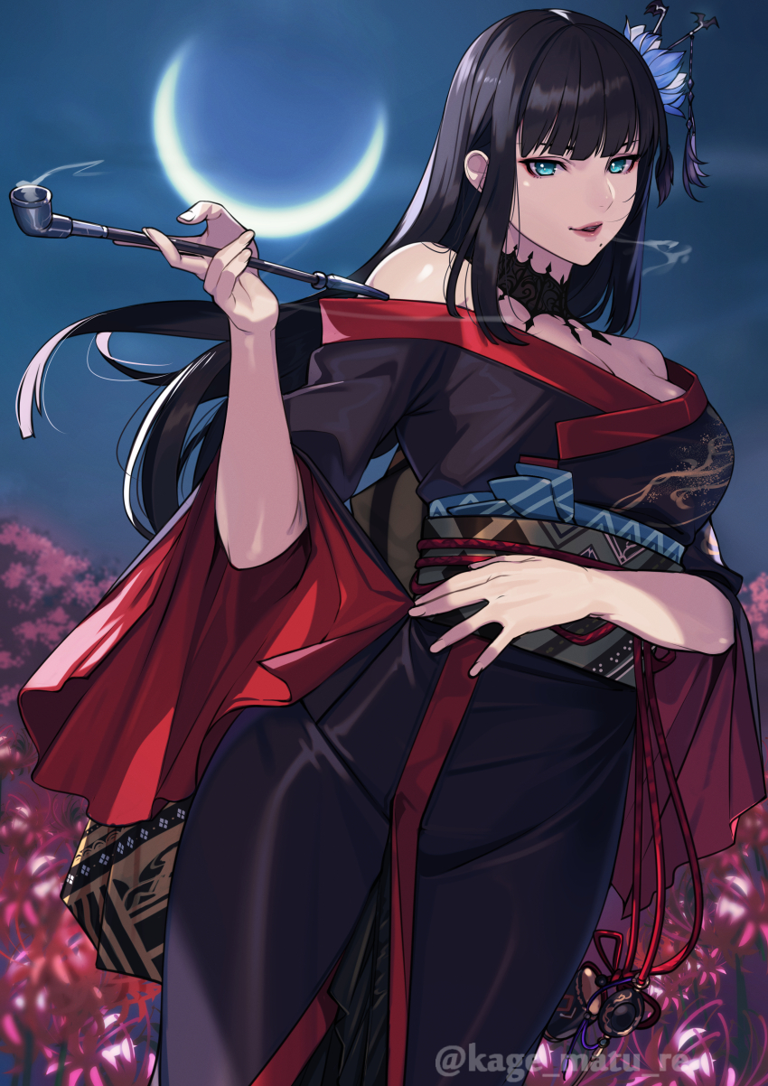 1girl absurdres bare_shoulders black_hair blue_eyes blunt_bangs blurry blurry_background breasts cleavage crescent_moon eyeshadow final_fantasy final_fantasy_xiv highres kagematsuri large_breasts lips long_hair looking_at_viewer makeup mole mole_under_mouth moon night outdoors red_eyeshadow short_sleeves solo yotsuyu_goe_brutus